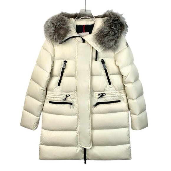 Moncler Aphrotiti Series Beige Logo-Patch Hooded Fur-Collared Down Jacket